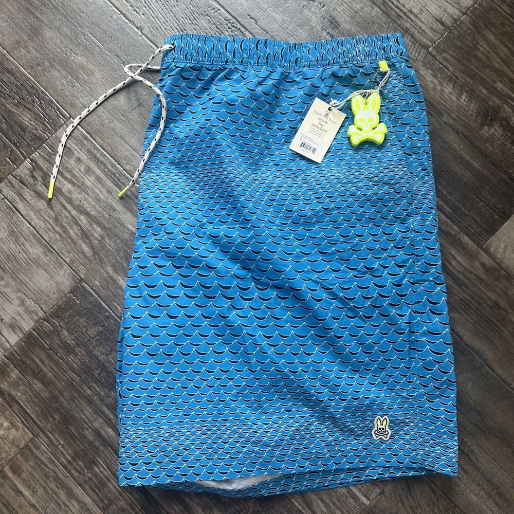 Psycho Bunny Atomic Blue Big & Tal Men's Haines Wave Print Swim Trunks, Size 5XL